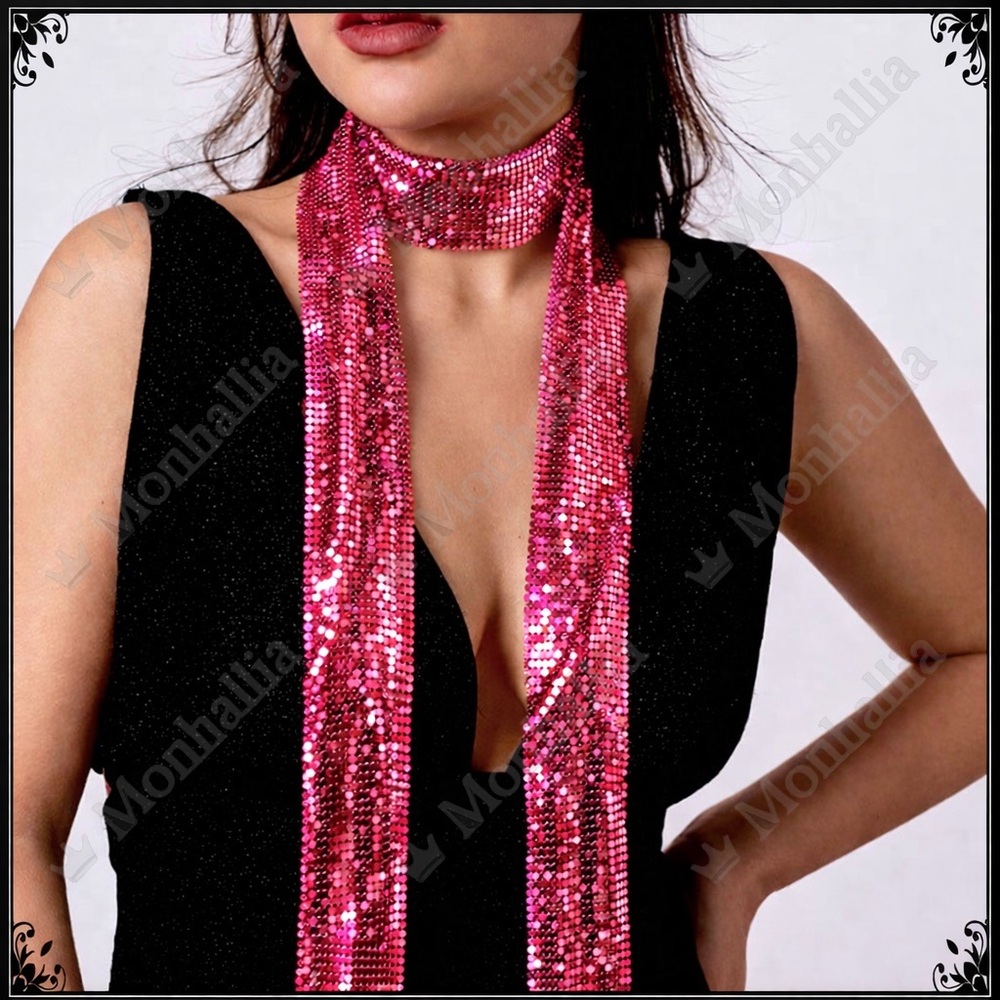 Long magenta pink liquid foil wrap around mesh metallic versatile scarf belt